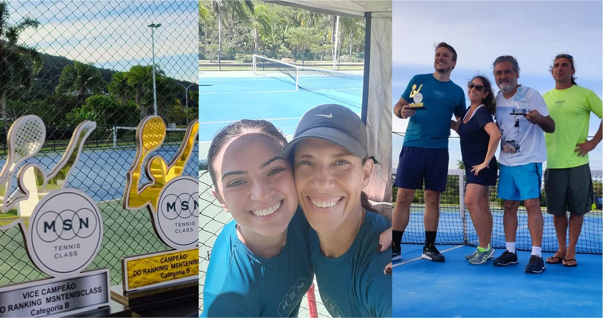 Registros da comunidade MSN: criança em quadra, troféus, alunas e jogadores.
